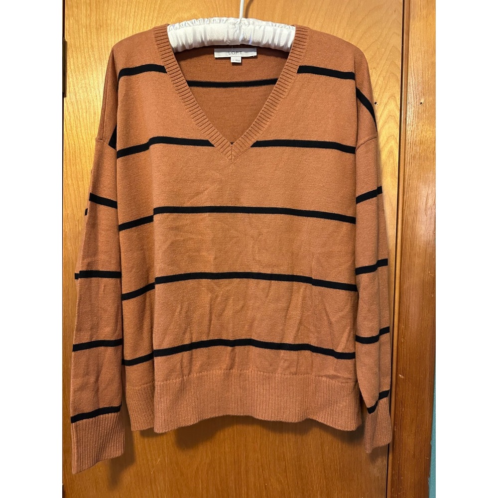 Loft Brown Black Stripes Fall Casual Cozy Pullover Sweater Size L V Neck‎